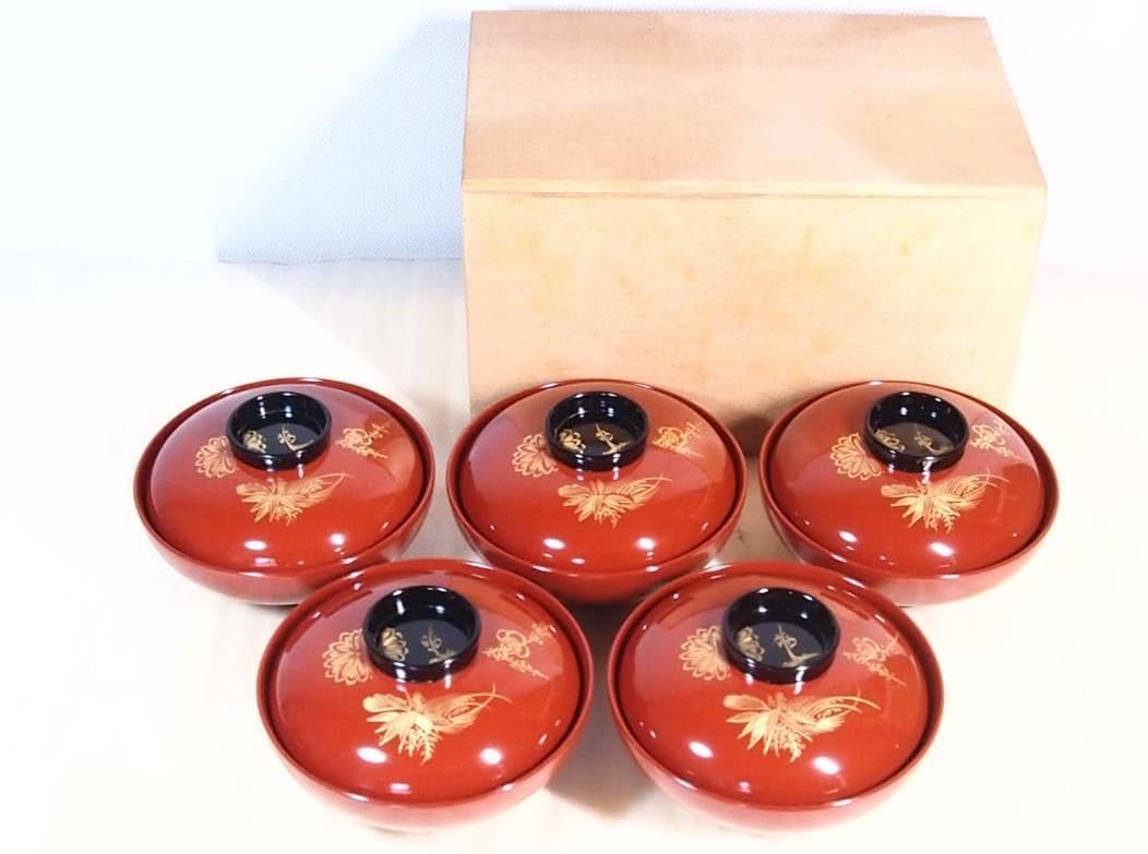朱塗 竹梅菊沈金 吸物椀 5客 平椀/汁椀 漆器/食器 検:
